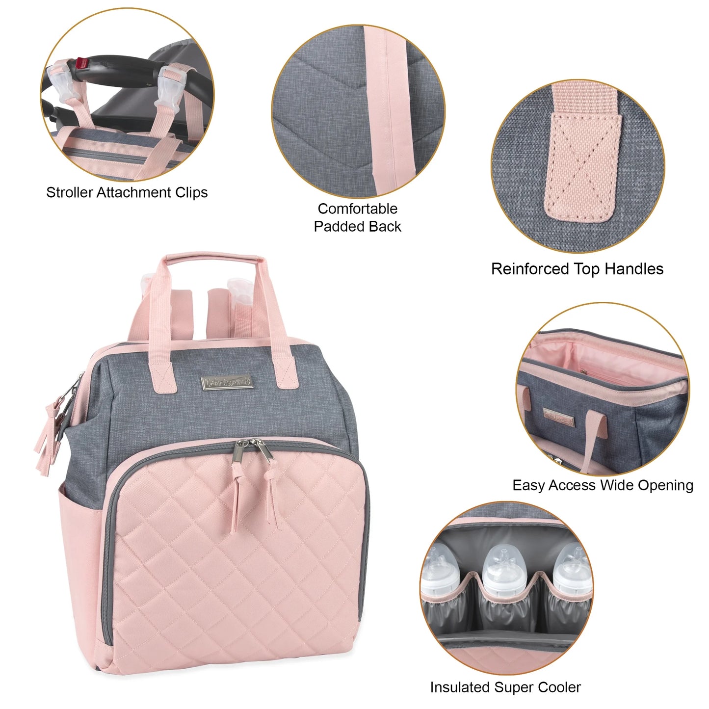 Baby Girls' 7-Pocket Diaper Backpack - Gray/Pink, One Size