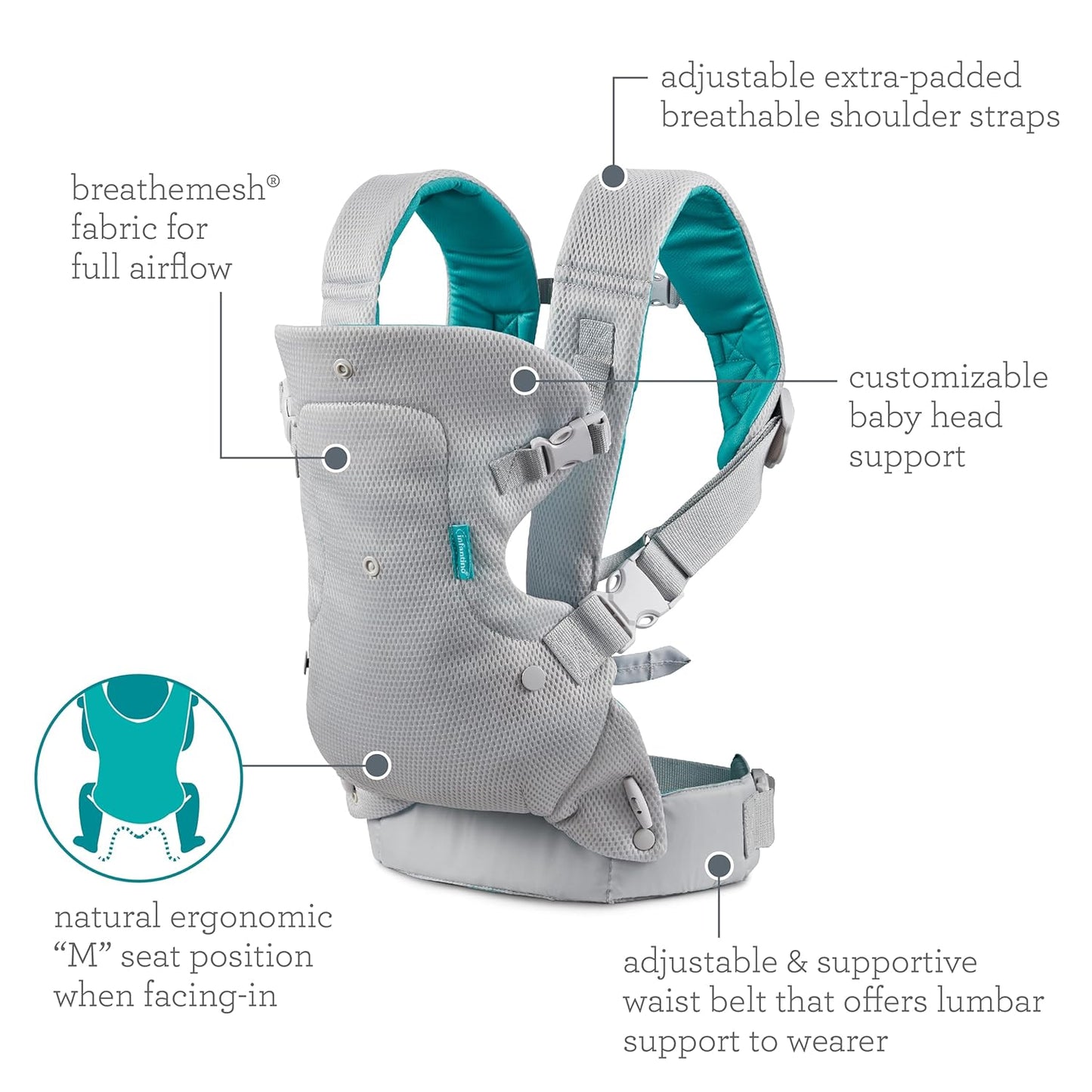 Flip 4-In-1 Light & Airy Convertible Baby Carrier - Breathable, Lumbar Support, Adjustable Waist Belt, Head Support, Ergonomic Seat, Plush Straps for Newborn to Toddler 8-32 Lbs