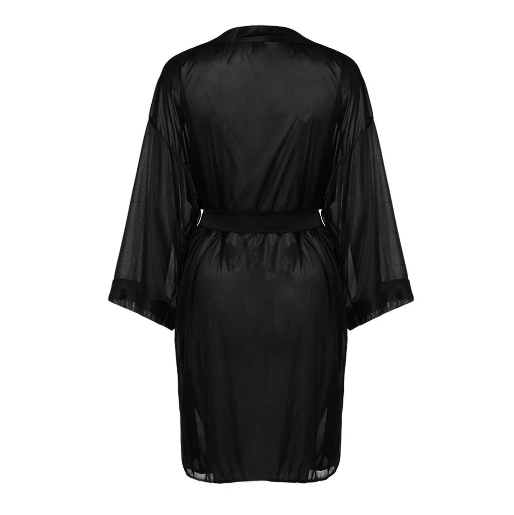 Pajama Set for Women Women Black Silk Satin Kimono Robe Lace Bathrobe Lingerie Sleepwear Pajamas Black S