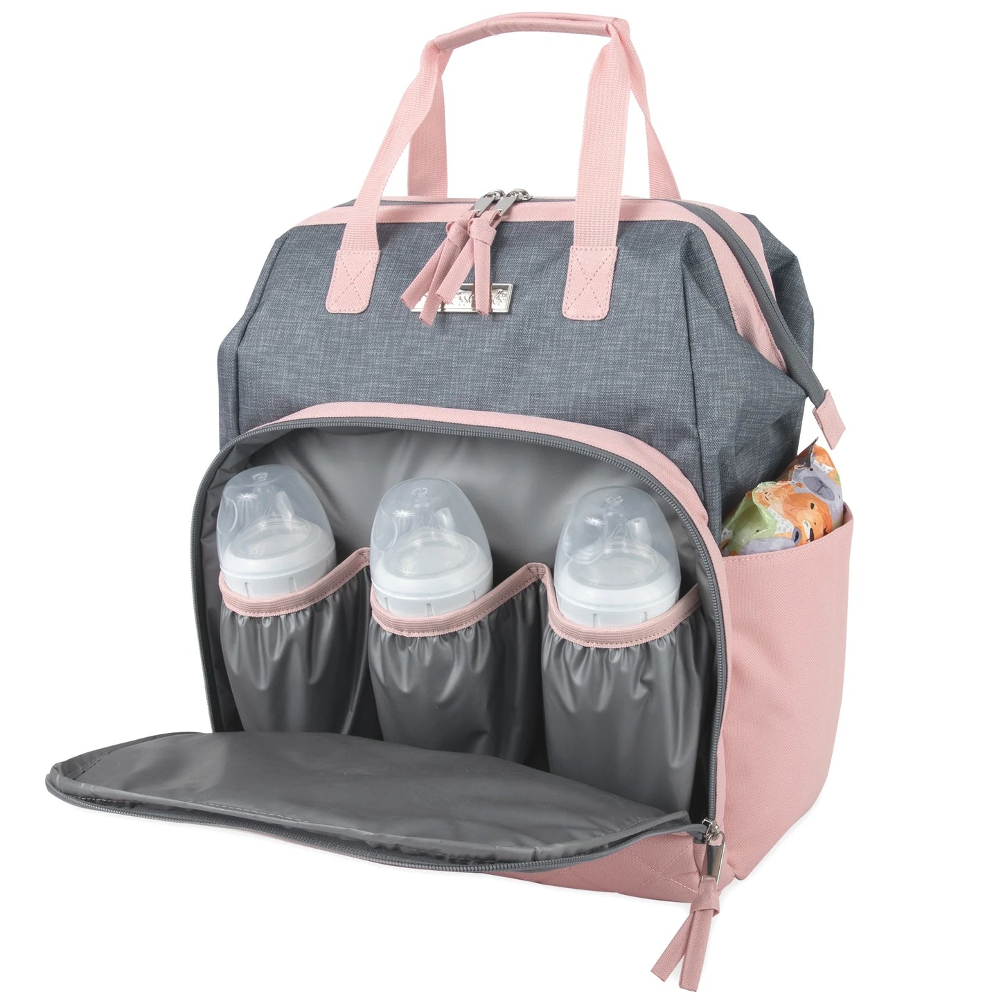 Baby Girls' 7-Pocket Diaper Backpack - Gray/Pink, One Size