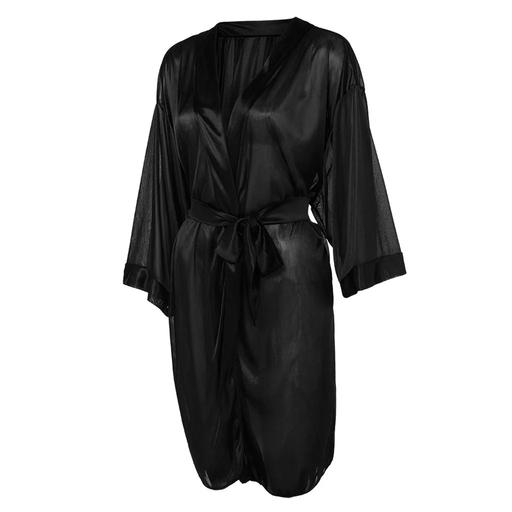 Pajama Set for Women Women Black Silk Satin Kimono Robe Lace Bathrobe Lingerie Sleepwear Pajamas Black S