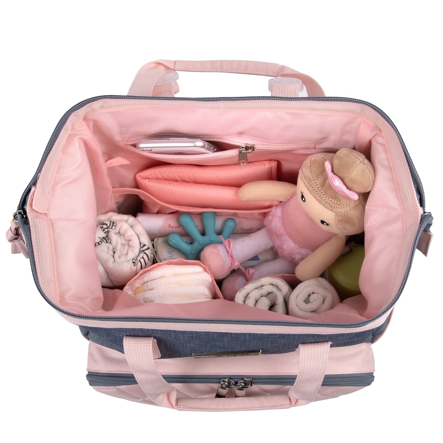 Baby Girls' 7-Pocket Diaper Backpack - Gray/Pink, One Size