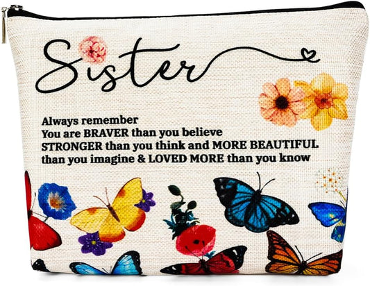 Makeup Case for a Special Sister Cosmetic Bag, Inspirational Handmade Presents for Women, You Are Braver than You Think, Sis Best Friends Makeup Bag Toiletry Bag Gift, Style 2